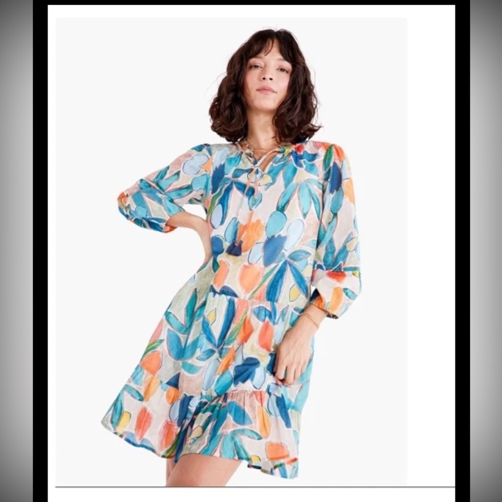 NIC+ZOE Abstract Floral Print Tiered Cotton Dress XL Blue Boho Puff Sleeve